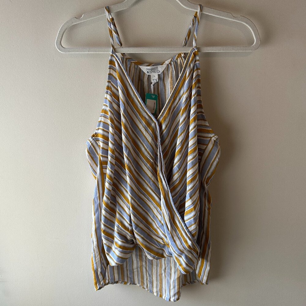 NWT Market & Spruce Yellow White Striped Surplice Sleeveless Blouse | Size L